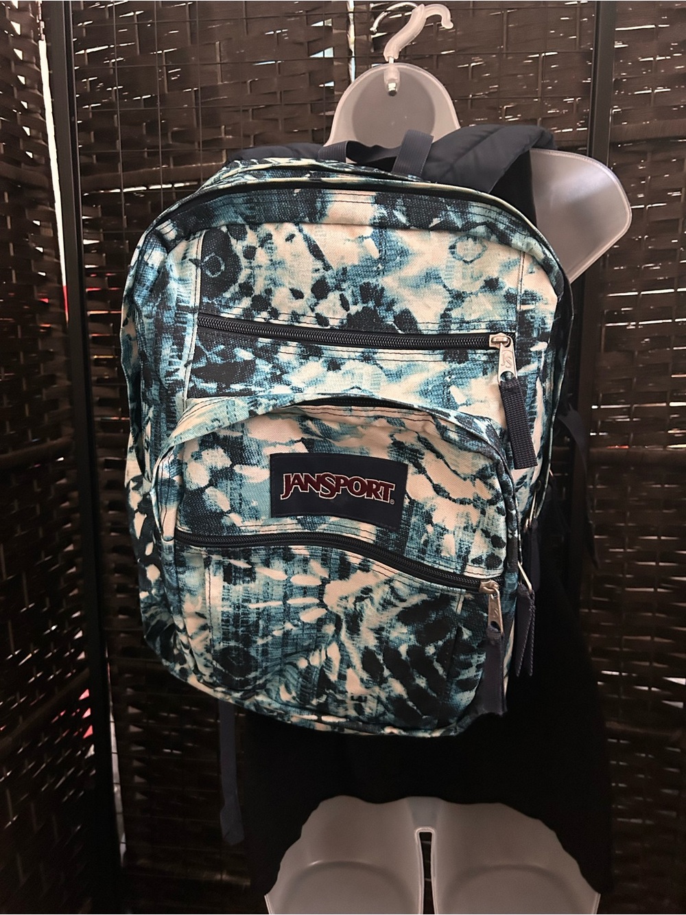 Jansport Teal Blue and White Tie-Dye Big student cargo multi pocket backpack